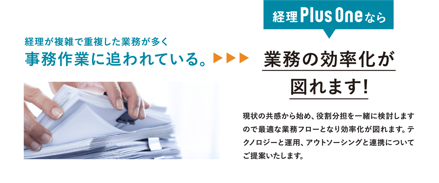 経理が複雑で重複した業務が多く事務作業に追われている。→経理Plus Oneなら業務の効率化が図れます。現状の共感から始め、役割分担を一緒に検討しますので、適切な業務担当や業務フローが明確にでき、本質的に必要な経理業務を適切に行えます。利益に直結する重要度の高い業務や経営戦略、営業活動や働き方改革などのコア業務に注力できるようサポートいたします。